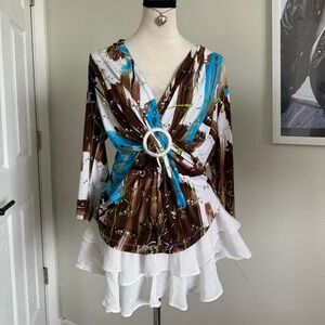 Y2K Erin London long sleeve v neck top sequins psychedelic adjustable buckle